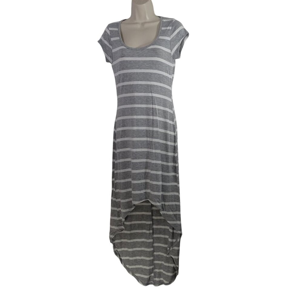 Rue 21 Gray White Striped High Low Dress Women Size L Short Sleeve Scoop Neck